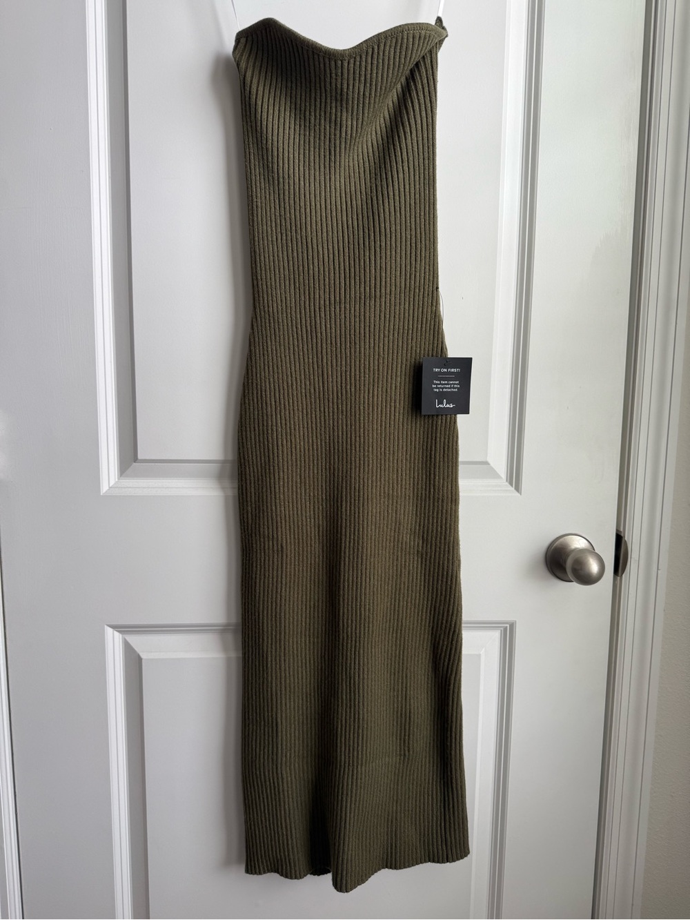 Lulu's Olive Green Ribbed Strapless Knit Dress